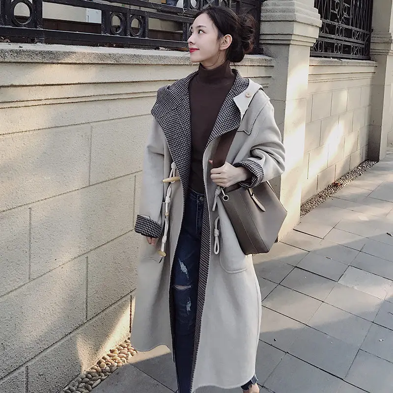 

2019 Large Size Reversible Coat Autumn Winter Jacket Fashion Women Long Section Loose Hooded Woolen Coat Feminino Casaco f1872
