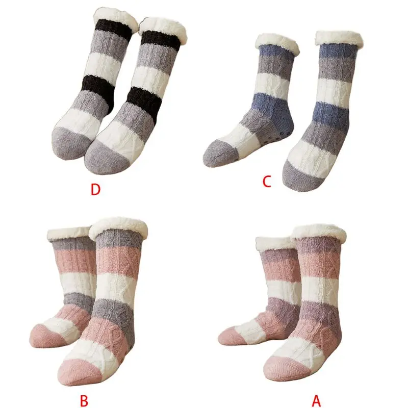 Для женщин и девочек Зимний вязаный Fuzzy подкладка носки-тапочки женские Повседневное полосы контрастных цветов, мягкие, теплые, Нескользящие чулочно-носочные 4 стиля