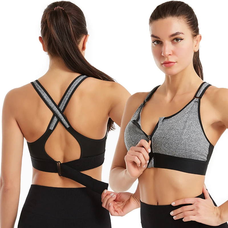 Women Wireless Padded Sports Bra Front Zip Yoga Cami Support Top Push Up Vest 