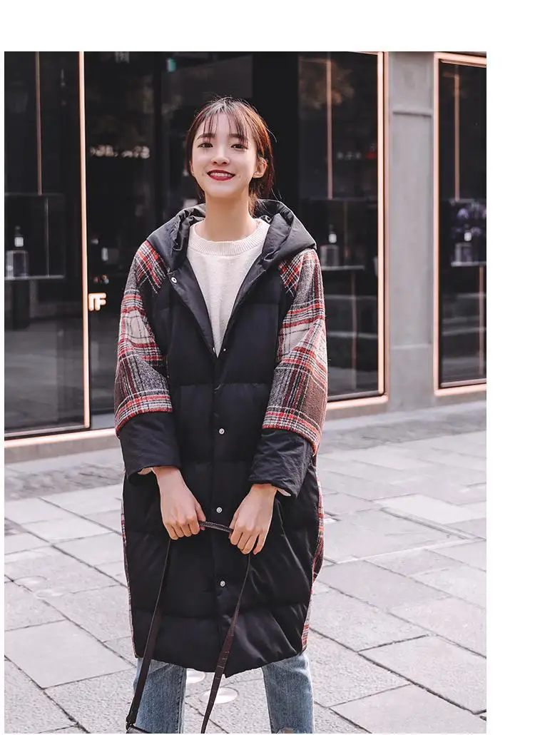 Large Size Women Winter Cotton Hooded Jackets Coat Fashion Loose Warm Plaid Long Outerwear Casual Female Basic Jacket xa111 - Цвет: black