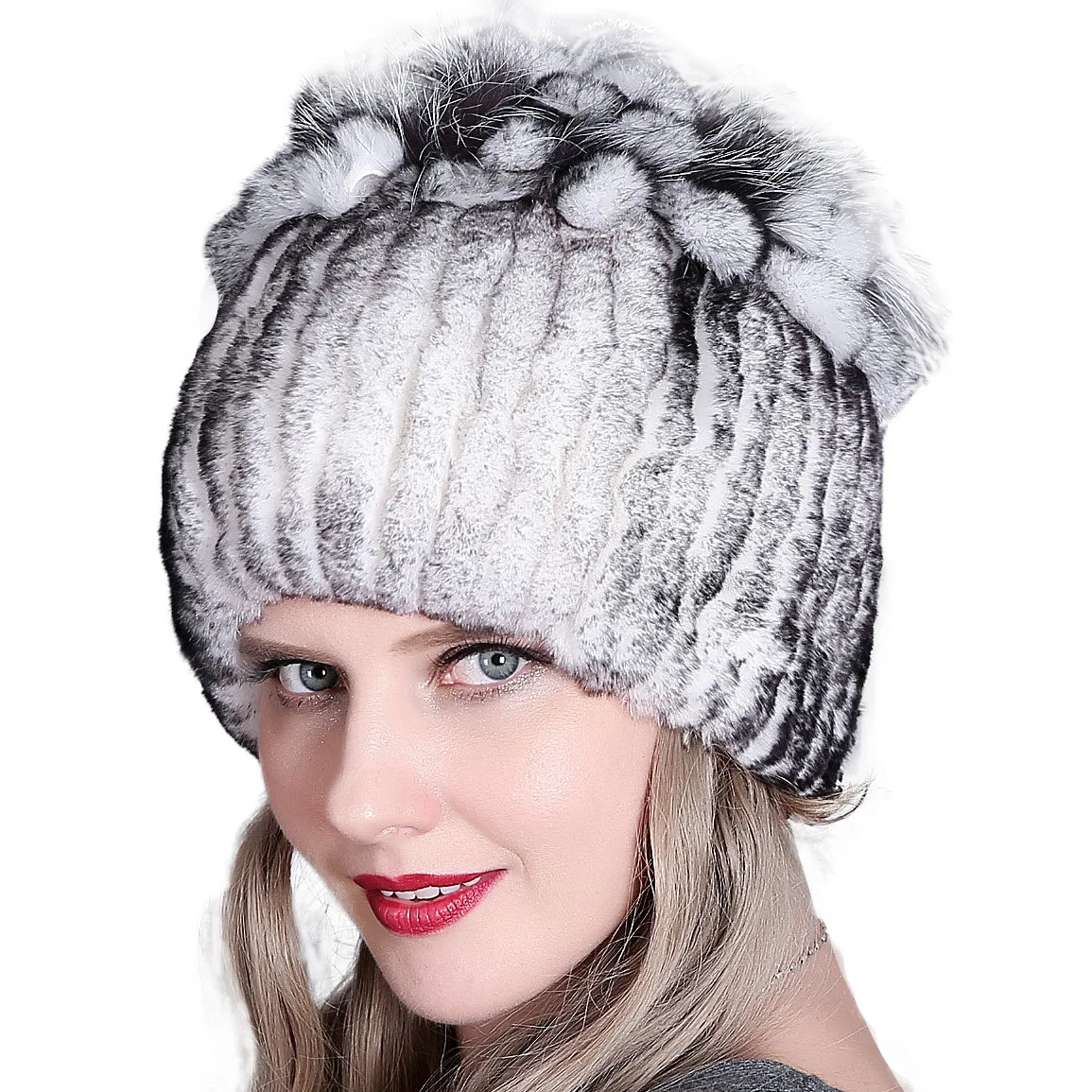 

New Women's Winter Hat Real Rabbit Fur Beanies Cap Fashion Thick Warm Lady Knitting Hats Girls Striped Headwear Caps 2021