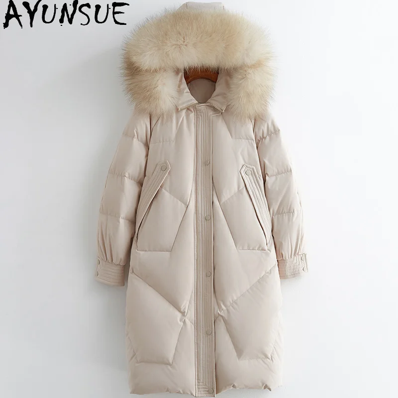 

AYUNSUE Coat Female Winter 2020 White Duck Down Jackets Female Real Raccoon Fur Collar Hooded Parkas Woman Coats Casaco TN269