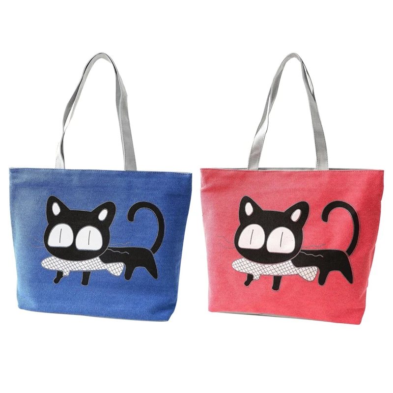 

2 PCS Girl Cat Eat Fish Shopping Bag Shoulder Women Handbags Beach Tote Bags Handbags Blue & Red
