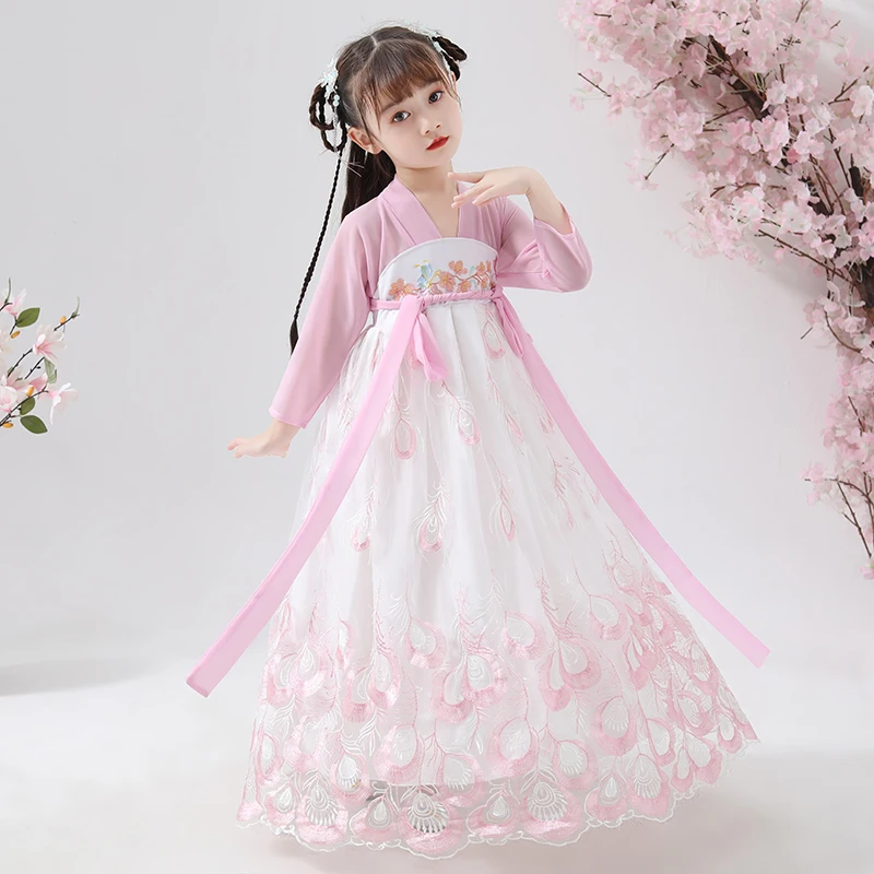 Chinese Style Embroidery Han Fu Princess Birthday Party Dance Perform Dress Traditional Wedding Evening Dress for Girls