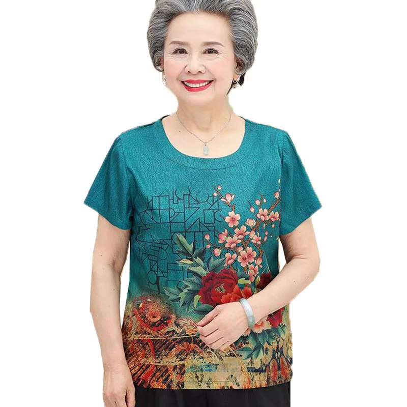 

New Summer Women's Suits Middle-Aged Elderly Mothers Clothing Sundress Short Sleeve Printed T-Shirt Tops + Pants 2 Pcs Sets