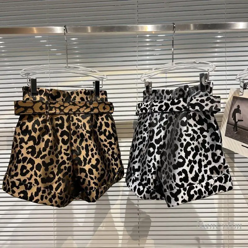 Leopard Shorts Women 2021 Winter New Belt High Waist Wide Leg Short Femme Casual All-Match Lady Outfits Nancylim
