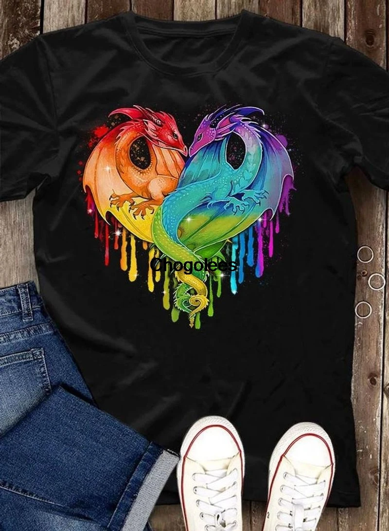 Lgbt Dragon Heart Lesbian Gay Pride Awareness T-shirt Great Gift Black T Shirt Men And Women S-6XL Cotton |
