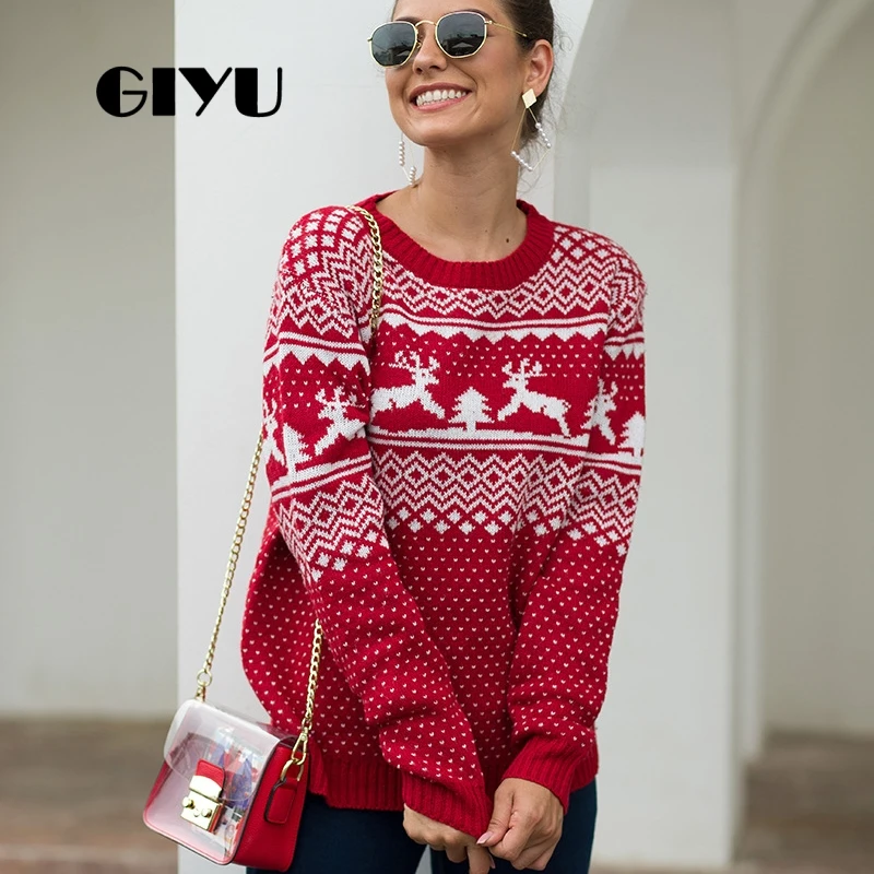 

GIYU O Neck Argyle Printed Patchwork Sweater Loose Autumn Winter Knitted Jumpers Christmas Pullover sueter mujer invierno