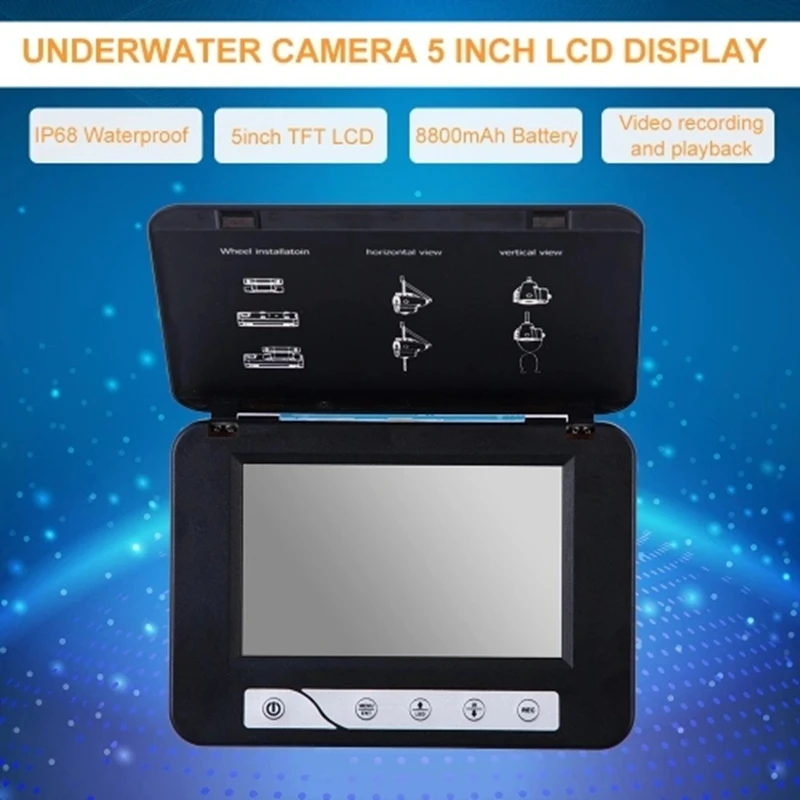 15M Fish Finder Underwater Ice Fishing Camera 5 Inch LCD Monitor Camera with Night-Vision Temperature Direction Depth Display Fu