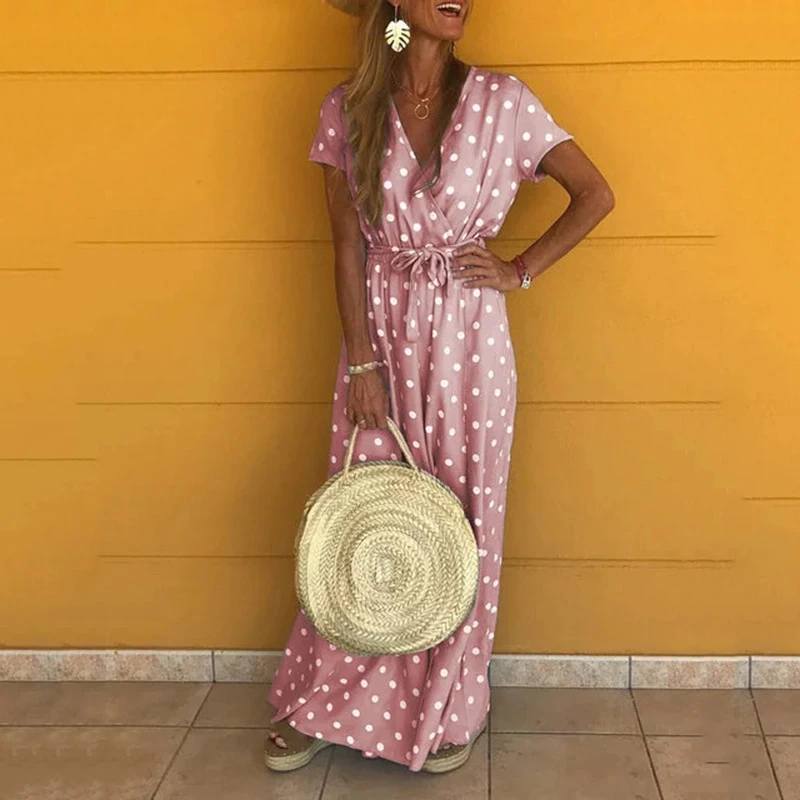 Fashion Women Summer Dress New Sexy V-neck Short Sleeve Polka Dot Print Women Long Maxi Dress Ladies Clothes CDR1875 (13)