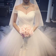 Милое Королевское бальное платье с шлейфом, Тюлевое свадебное платье, шапка класса люкс, рукава на шнуровке, с открытыми плечами, свадебные платья принцессы