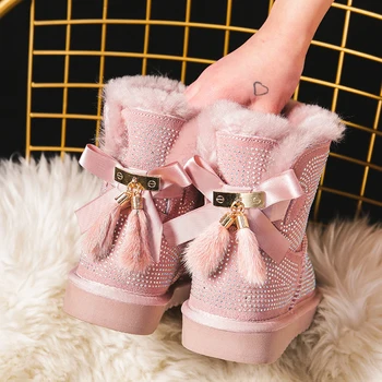 

New Winter Crystal Snow Boots Shoes Sheepskin Boots Shoes Natural Wool Full Rhinestone Shiny Metal Fur Bowtie Women's Flat Boots