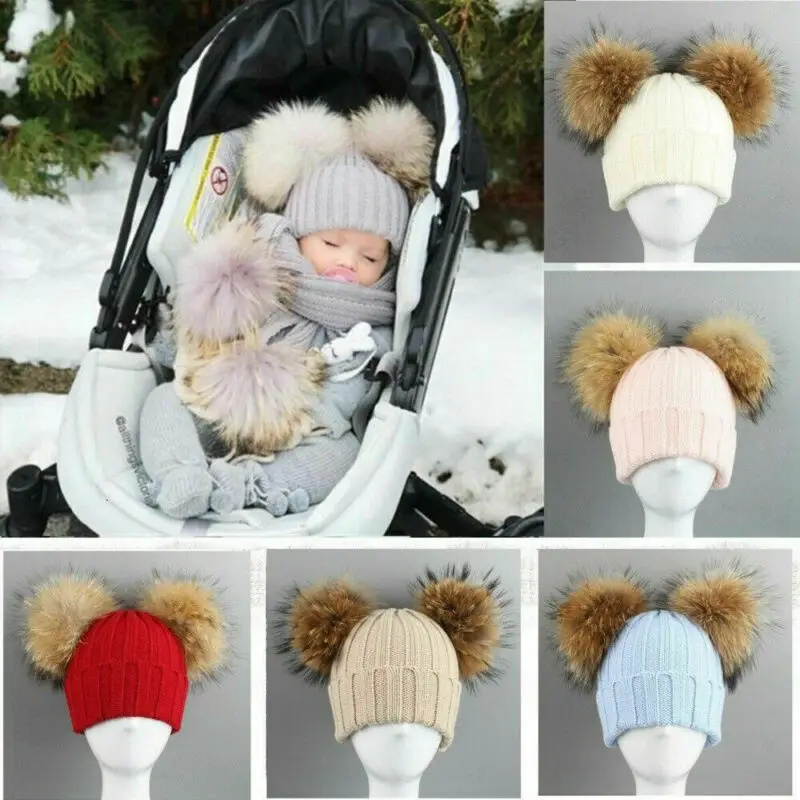 Шапка с двумя меховыми помпонами для новорожденных мальчиков и девочек, зимняя теплая вязаная шапка с помпоном вязаная шапочка с помпоном, милые аксессуары для волос