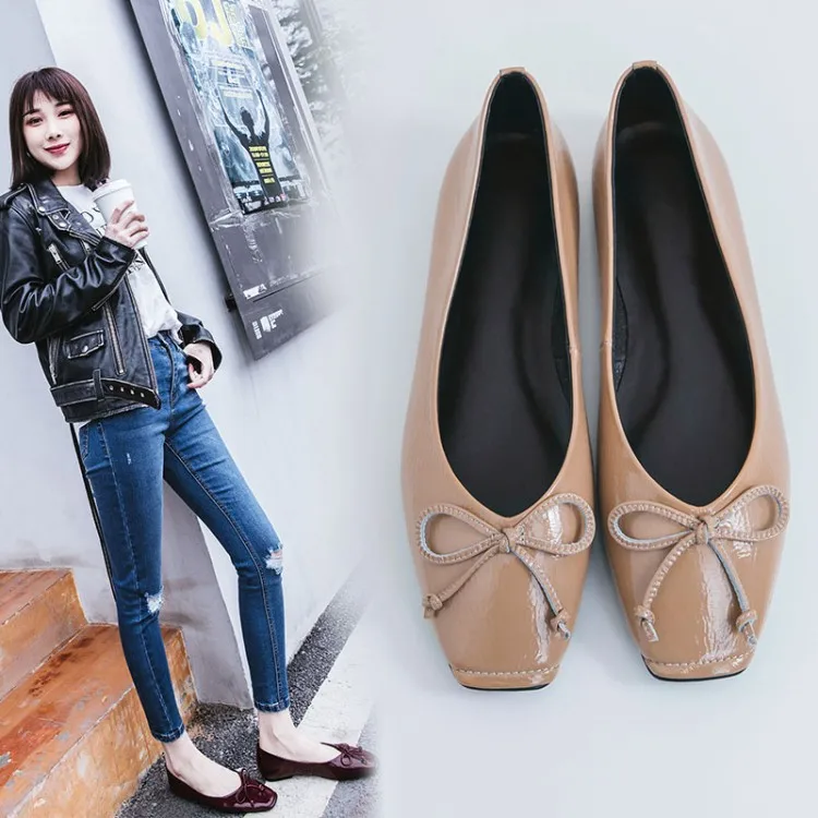 

Leather Shoes Women's Full-grain Leather Square Head Flat Heel Low-Cut Casual Shoes Spring And Autumn Korean-style Bow Casual Sh