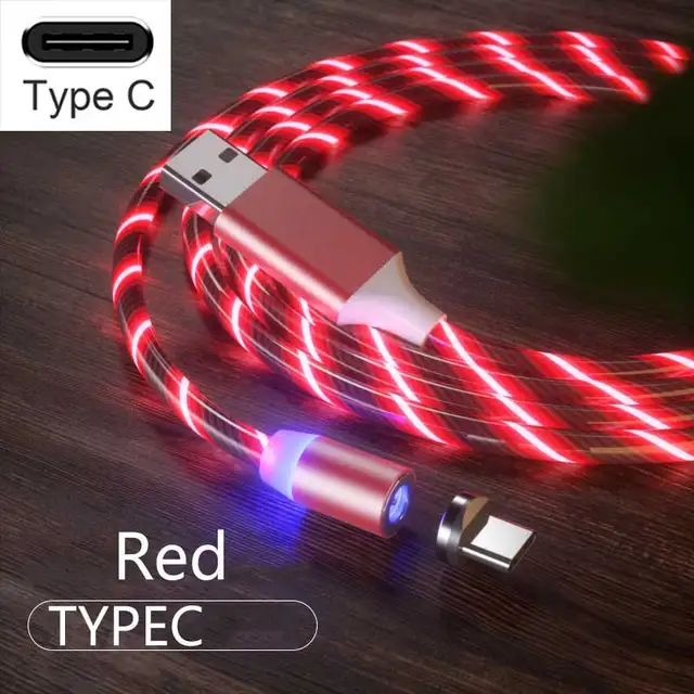 3 In1 Magnetic Current Luminous Lighting Charging Mobile Phone Cable Cle Usb C Cable LED Micro USB Type C for Iphone Huawei P50 For Type-C Red