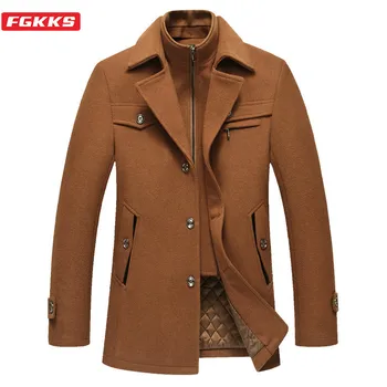 

FGKKS New Wool Blend Coat Men Winter Brand Men's Business Casual Long Section Overcoat High Quality Solid Color Wool Coats Male