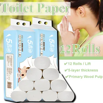 

12Rolls 5-ply Comfortable Native Wood Pulp Toilet Paper Coreless Roll Paper Toilet Tissue Skin-friendly Household Paper Towels