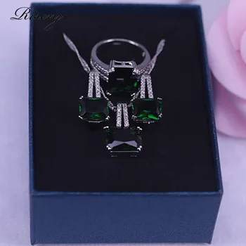 

Russian style silver color jewelry set for women necklace earrings ring set Green Cubic Zircon Fashion Bridal Jewelry