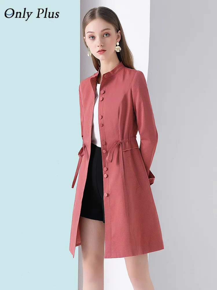 

Only Plus 2020 Spring Autumn Trench Coat OL Woman Wine Long Windbreakers Sashes Thin Button O-Neck Coat Femme Trench