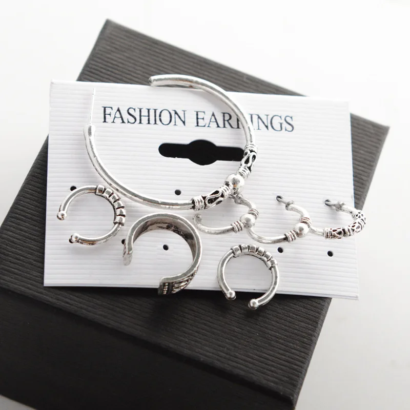 7pcs/set Vintage Bohemian Ethnic Silver Color Round Circles Stud Earrings Set For Women Fashion Ear Cartilage Cuff Piercing