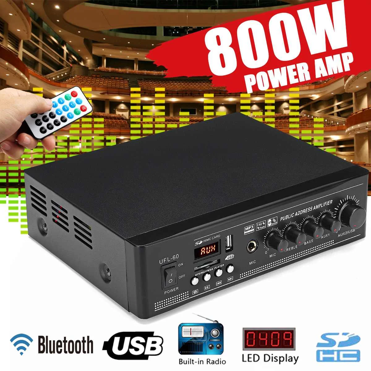 220 В 800 Вт 2CH HIFI аудио стерео усилитель мощности bluetooth FM радио USB SD домашний кинотеатр Amplificador аудио караоке музыкальный плеер