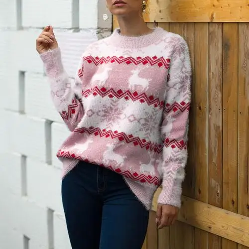 Рождественские свитера для женщин, толстый теплый Рождественский свитер, Женский пуловер, свитер с оленем, лося, Женский Зимний вязаный свитер для женщин - Цвет: Розовый