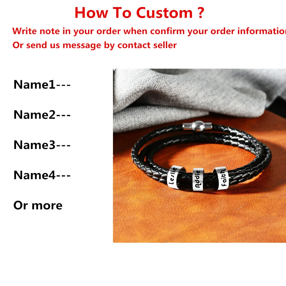 Personalized Jewelry Women Mens Stainless Steel Charm Bracelets Genuine Leather Braided Rope Custom With 1-9 Names Beads Gift