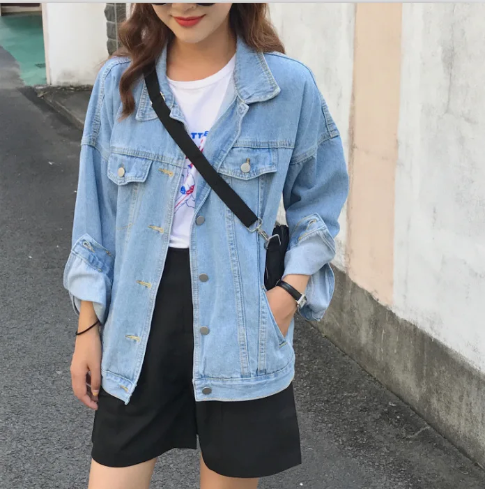 

2019 South Korea Dongdaemun Spring And Autumn New Style Loose And Plus-sized Slimming Jeans Coat GIRL'S Cowboy Light Color Jacke