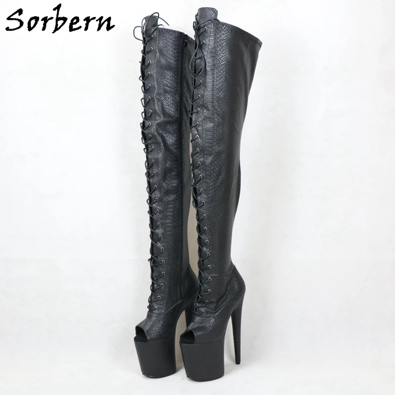 

Sorbern Black Snake Mid Thigh High Boots Women Custom Slim Fit Peep Toe Platform Long Boot For Crossdresser Stripper Heels