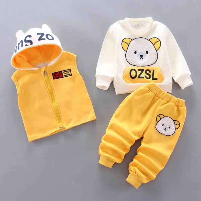 Baby Boys And Girls Clothing Set Tricken Fleece Children Hooded Outerwear Tops Pants 3PCS Outfits Kids Toddler Warm Costume Suit 6