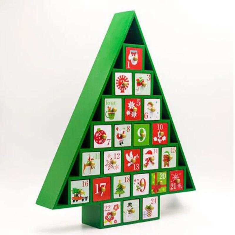 Christmas Wooden Countdown Calendar Painted Christmas Tree Calendar Candy Gift Storage Box Home Decoration Drawer Rack