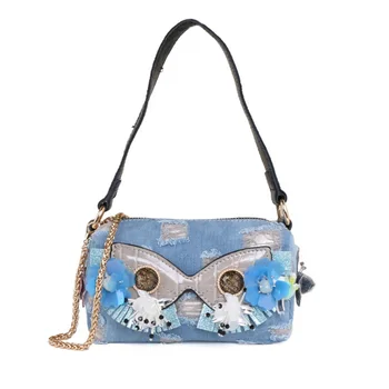 

GINYEZI Casual owl sequined denim shoulder bag high quality blue jeans handbag weekend travel wash bag