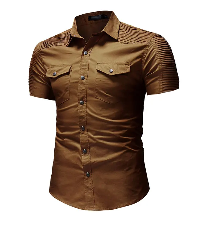 New Men Summer Fashion Short Sleeve Pocket Button Turn-down Collar Shirt Military Casual Slim Fit Male Denim Shirt Tops
