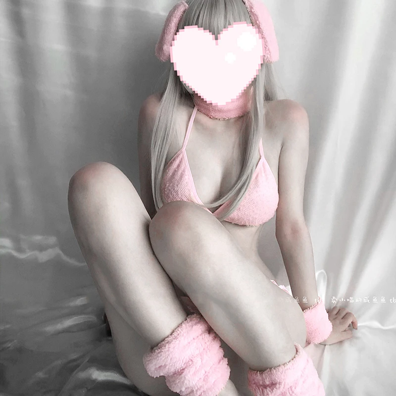 Pink Rabbit Bikini Set Erotic Outfit for Woman Bra Thong Set Kawaii Bunny Girl Uniform Anime Cosplay Costume DDLG Sexy Baby