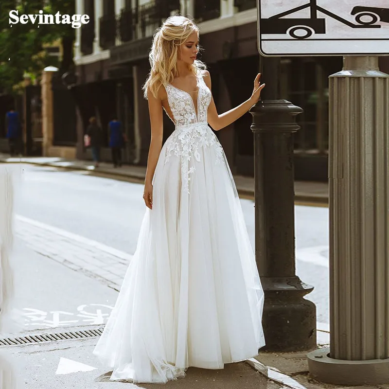 

Sevintage Newest Appliques Lace Boho Wedding Dresses Deep V-Neck Pearls Beach Wedding Gowns Open Back Bridal Dress Customize