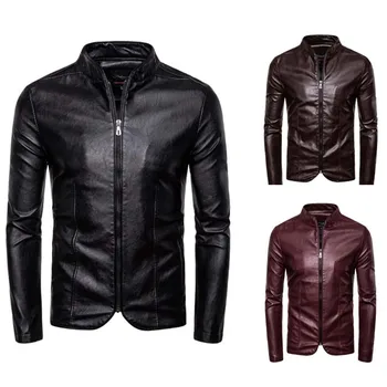 

Motorcycle Leather Jacket Spring Autumn Men Slim Fite Zipper PU Jacket Men's Leather Jackets Motorcycle Stand Collar PU Leather