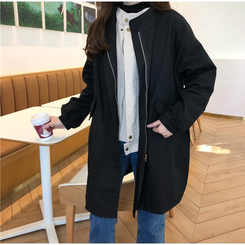 Новинка, корейский однотонный свободный Женский Длинный плащ с круглым вырезом размера плюс, простые женские пальто на молнии, осенне-зимняя повседневная одежда