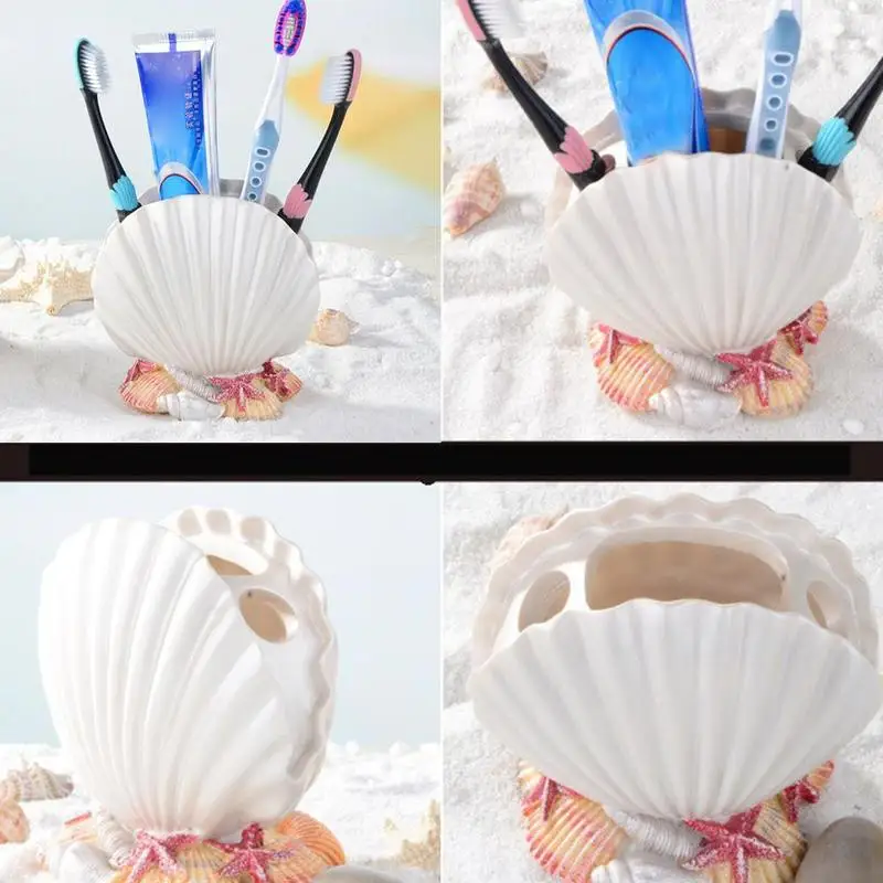 Creative Shell-shaped Toothbrush Rack European resin Bathroom Storage Pen Holder Makeup Brush Holde Beach Theme Decoration