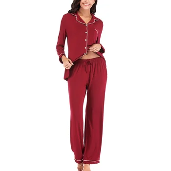 

2 Pcs Women Sleepwear Elegant Solid Pajamas Set Autumn Long Sleeve Top+Pant Ladies Pyjamas V-neck Button Long Pajamas For Women