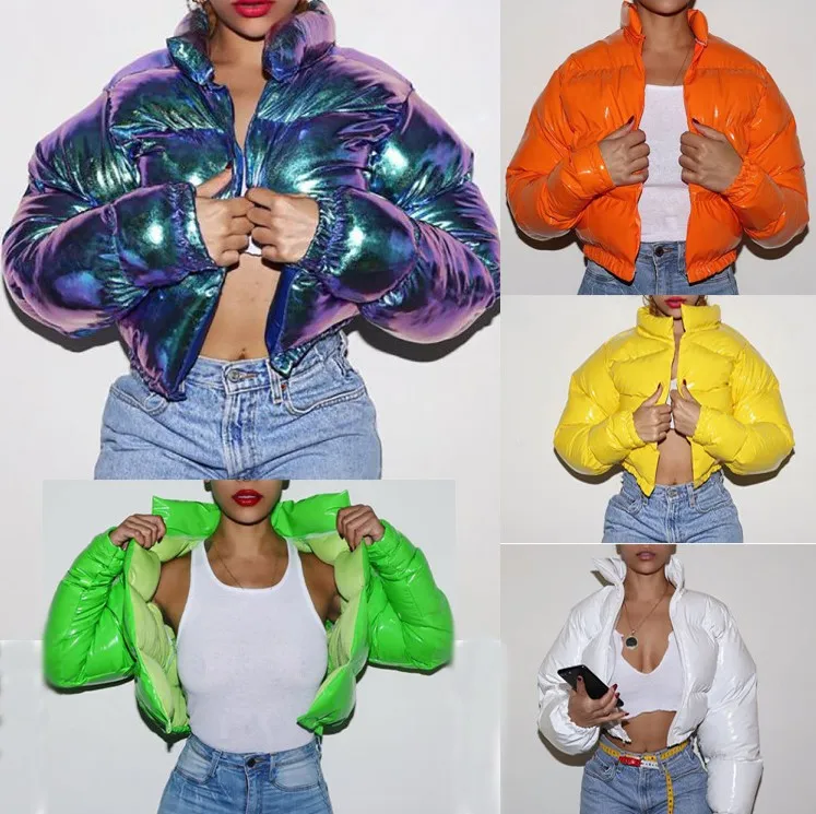 

Bright Color Bubble Shiny Coat Glossy Jacket Womens Autumn And Winter Metal Short Cotton-padded Down Coat Jackets Women