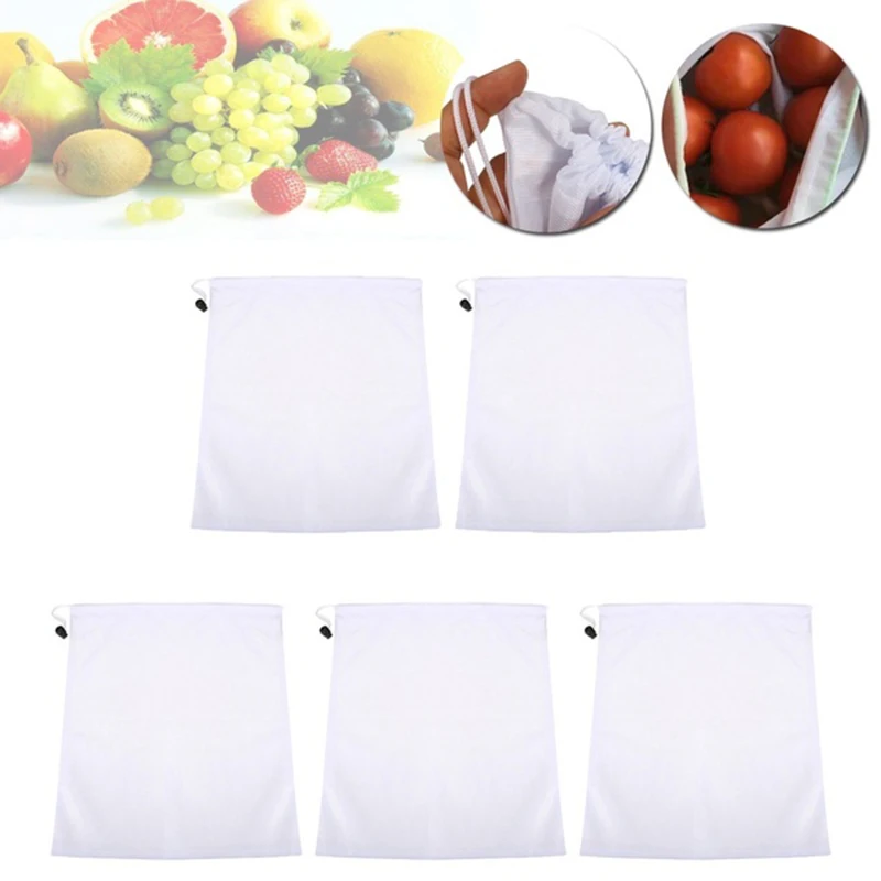 10Pcs/Set Reusable Produce Mesh Bags Rope Vegetable Fruits Storage Pouch 