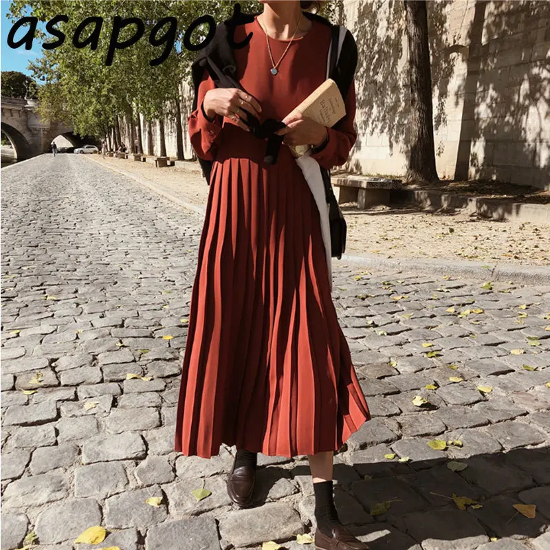 Женское плиссированное платье Asapgot винтажное однотонное с высокой талией и