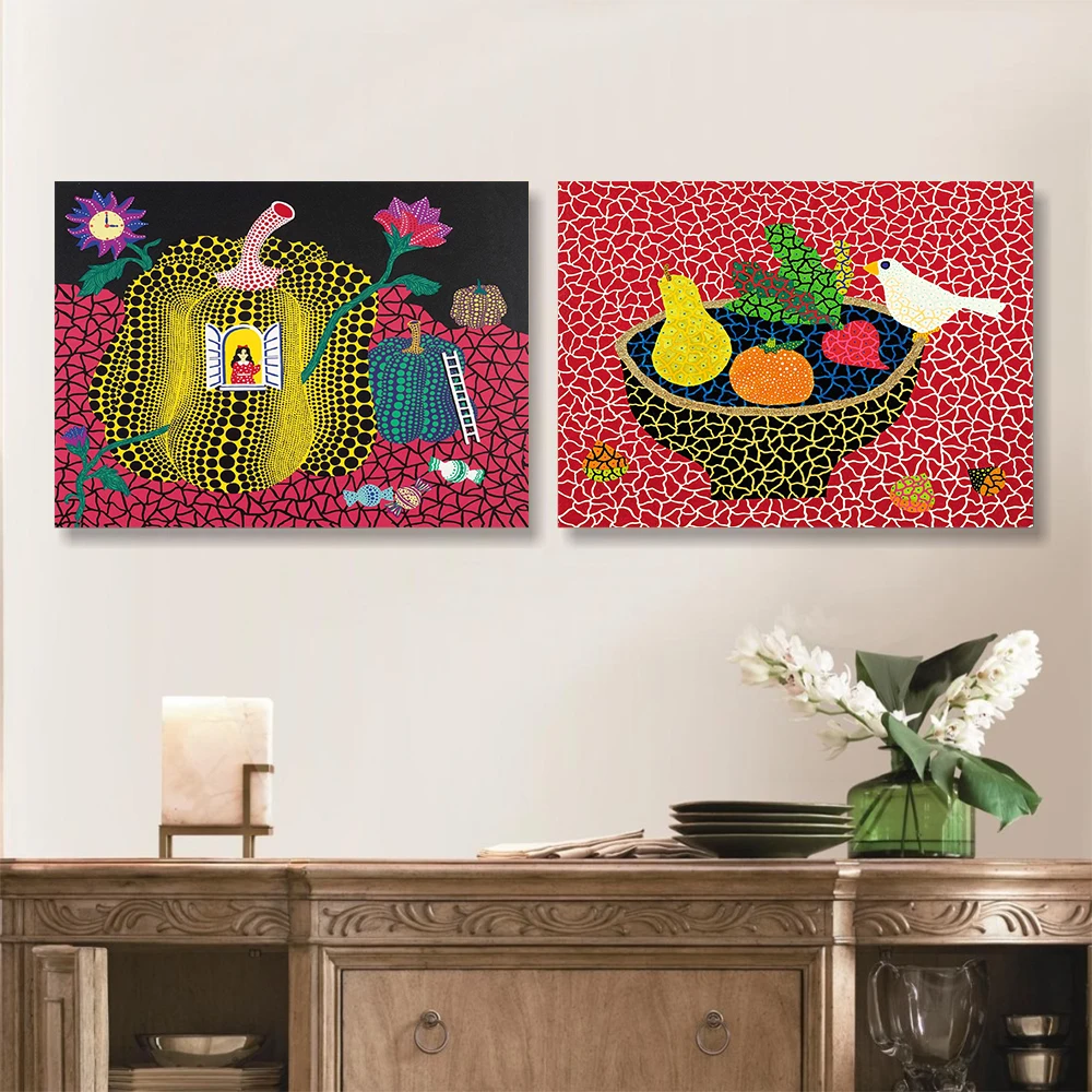 Yayoi Kusama Birds Nets Art Dots Canvas Painting Abstract Cocks Flower Pumpkin Girl Poster Wall Print Pictures Bedroom Decor