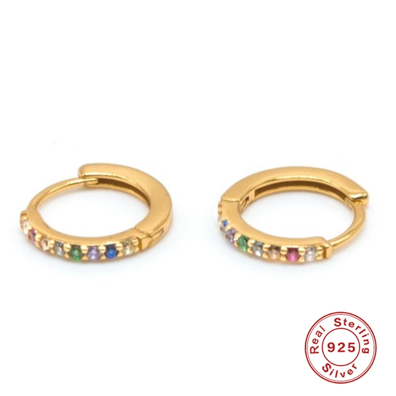 925 Sterling Silver Earrings For Women Colorful Crystal Zircon Earrings Girl Ear Bone Earring Female Rainbow Small Hoop arete R5