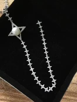 

luxury Brand bling full of zircons starry stars cross star long crystal tassels 925 sterling silver fine pearl women necklace