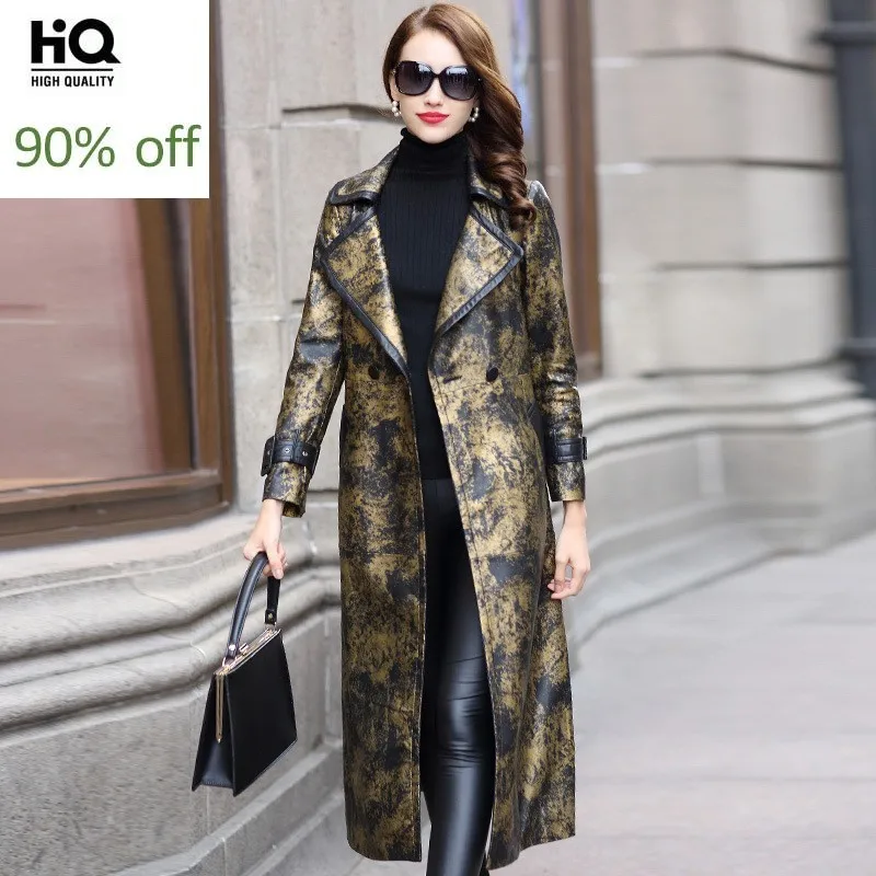 

Winter Women Genuine Leather Coat High Quality OL Style Printed Sheepskin Coat Designer Slim Office Lady Belt Long Overcoat