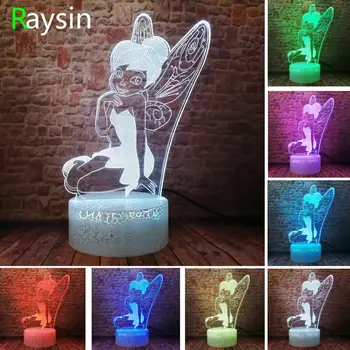

Rare Peter Pan Fairy Elf Tinker Miss Bell 3D Snowflake Tinkerbell Princess Smart 7 Colors Change Girls Night Light Decor Gifts
