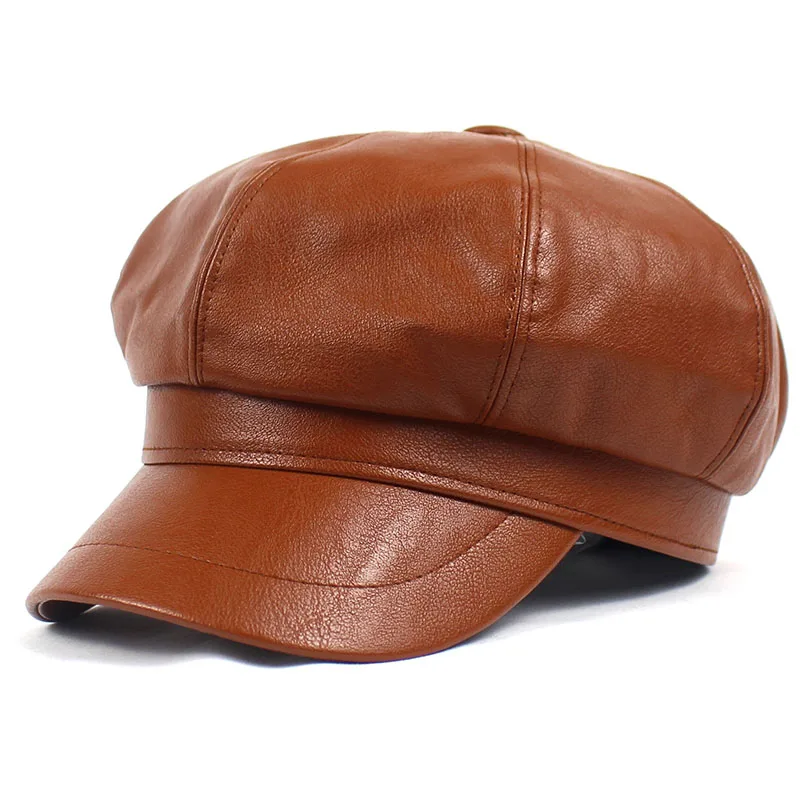 Lanxxy осенне-зимняя газетная Кепка s для женщин, винтажный однотонный кожаный берет, кепка, кепка, женские шапки - Цвет: dark orange