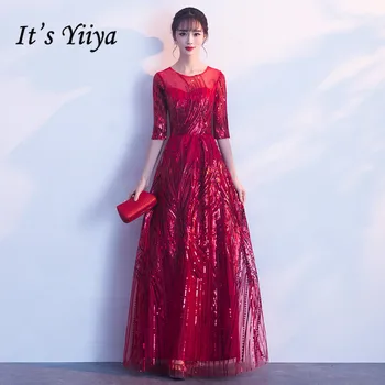 

It's Yiiya Evening Gown A-Line Sequined Formal Dress O-Neck Zipper Evening Dress 2020 K155 Plus Size Illusion Robe De Soiree