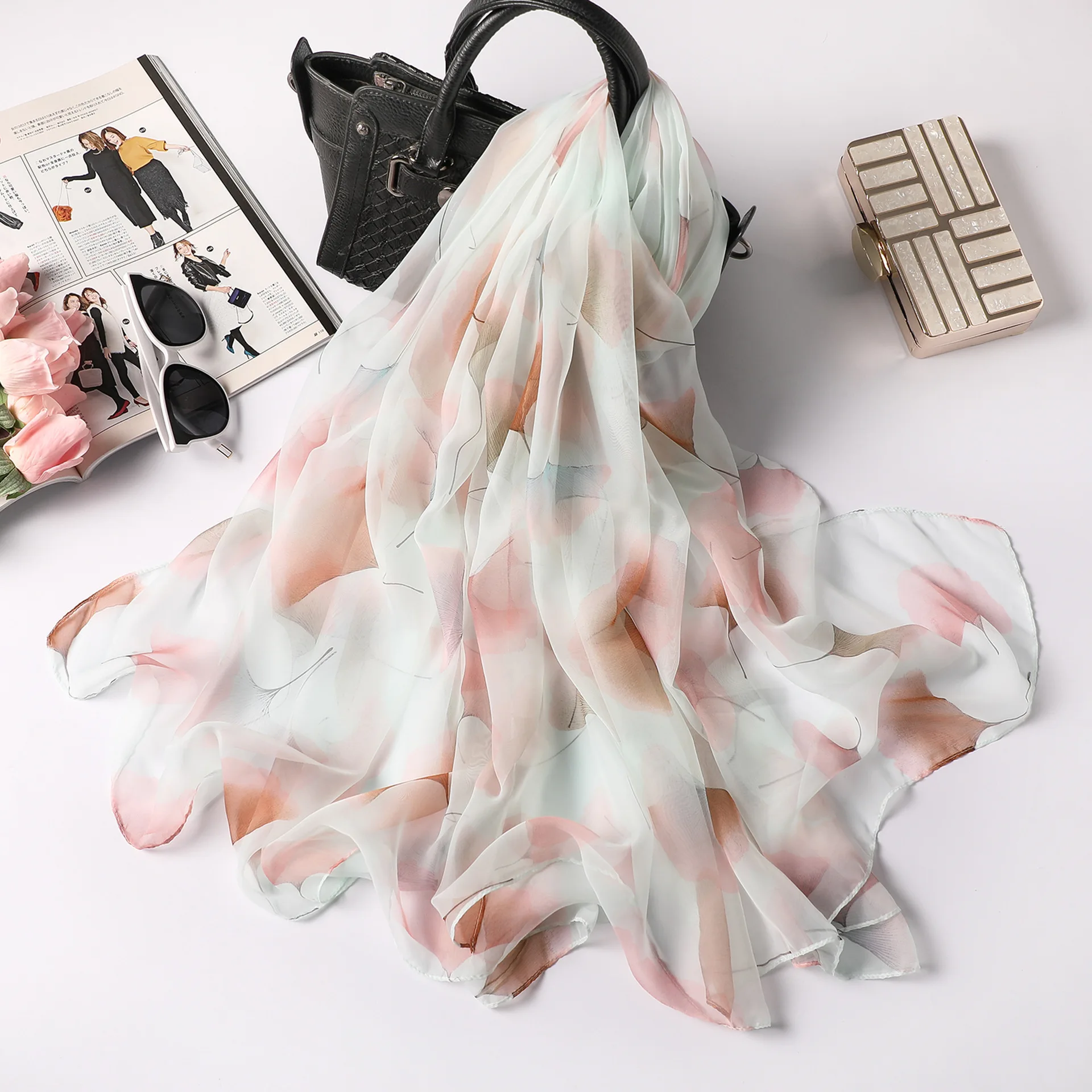 

New Style Japanese Korean Sweet Gauze Kerchief Classic Ginkgo Leaf Printed Yourou Yarn Silk Scarves Oversized Summer Decoration